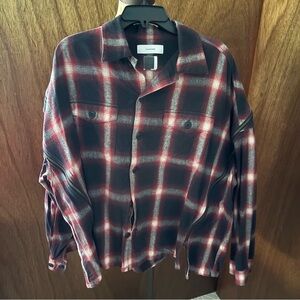 FACETASM sz 4 XL Oversize Black Red Flannel Button Down Zipper Back Long Sleeve